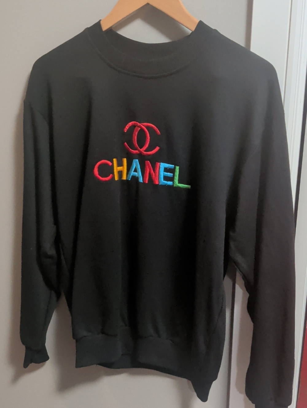 CHANEL Women's Small Black Crewneck Sweater with Rainbow Embroidery